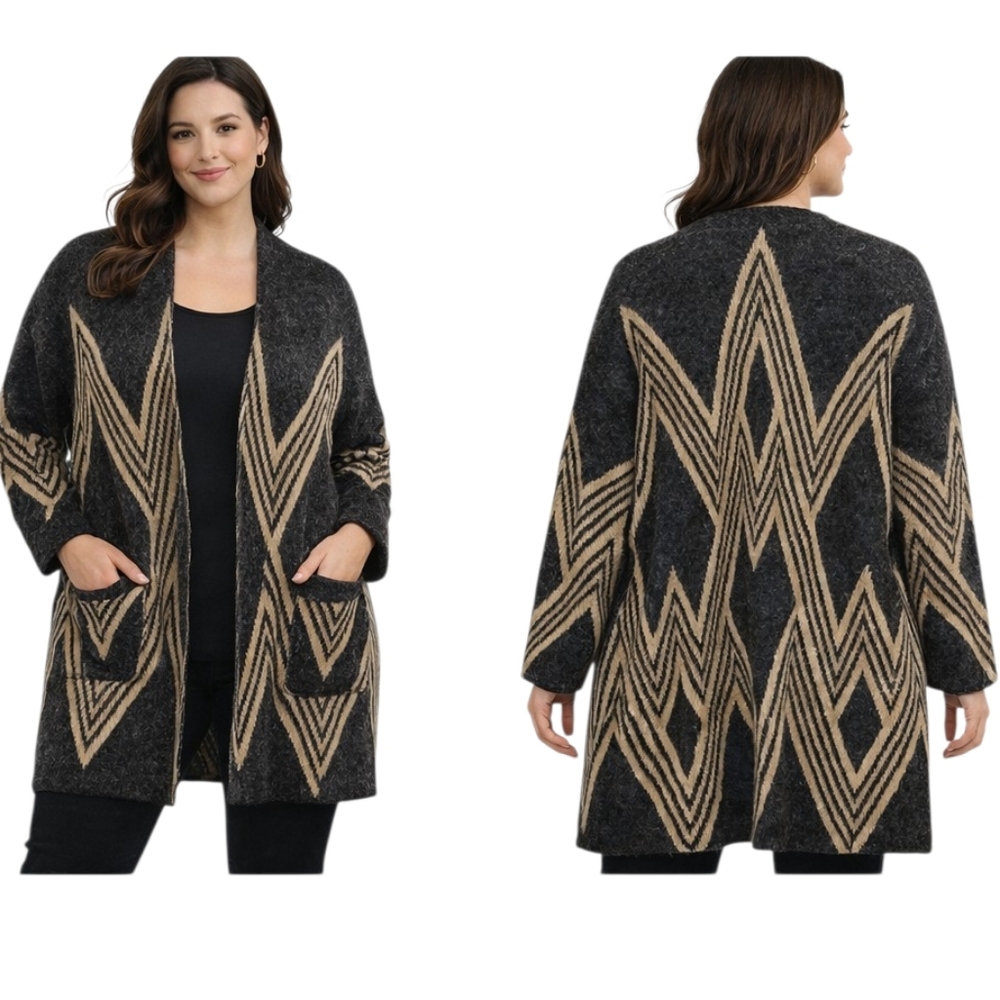Joan Vass New York Open Front Cardigan Black Tan Chevron Knit Women's 2X